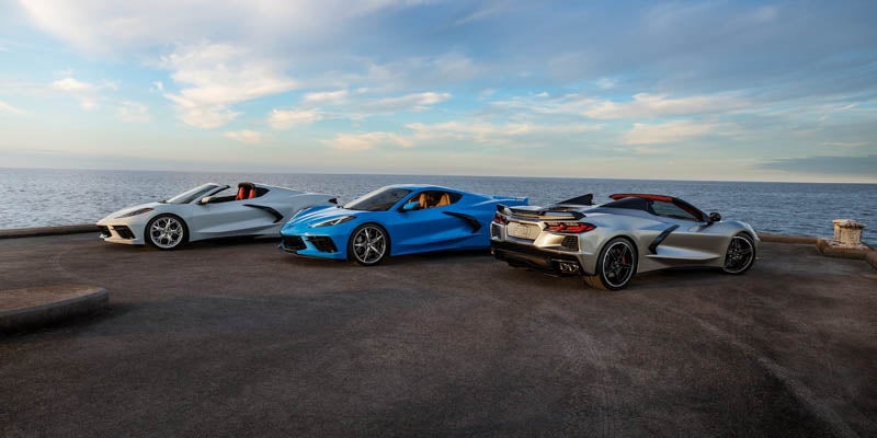 Silver, blue, and platinum Corvettes parked by lake